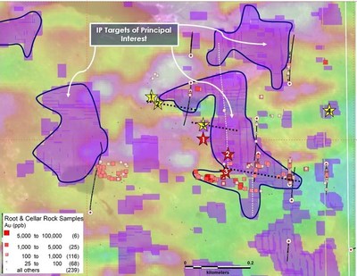 Surface sampling shows a very strong correlation between gold mineralization and the Conquest IP target.
On-going sampling and ground truthing of the near-surface IP anomalies continues to locate new mineralized outcrops (yellow stars) and boulders/sub-crop (red stars) that overlie the IP target. (CNW Group/Northern Shield Resources Inc.)