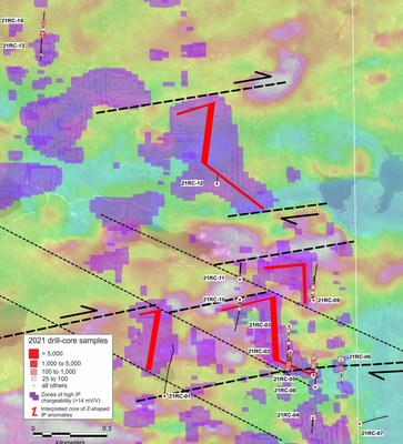 Figure 1. Map showing the location of drill-holes completed at Root & Cellar and the spatial relationship of gold in the Conquest Zone to one of several large Z-shaped IP anomalies identified through refining the IP model with the input from drill data. (CNW Group/Northern Shield Resources Inc.)