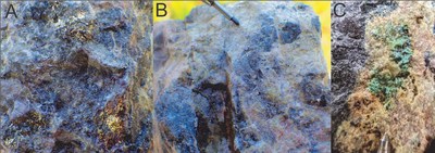 Figure 1A. Course blebs of chalcopyrite with fine-grained grey copper sulphide mineral (tetrahedrite?) in siliceous host rock.  Figure 1B. More fine-grained grey copper mineral from new copper occurrence. Figure 1C. Malachite coated chalcocite in stockwork vein at southern IP anomaly. (CNW Group/Northern Shield Resources Inc.)