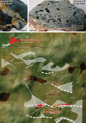 Figures 1 and 2: Examples of the gold mineralization from the newly discovered outcrops within the Conquest Zone. Figure 3: Compilation map showing the locations of the IP anomalies of interest in 1 dashed lines and white shaded polygons. (CNW Group/Northern Shield Resources Inc.)