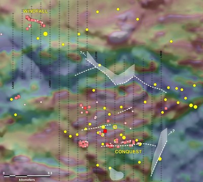 Figure 3: Map showing position of preliminary IP targets at Root & Cellar represented by white dashed lines and polygons. Background image is of Total Magnetic Intensity draped over shaded Digital Elevation Model. (yellow circles represent gold anomalous soil samples and red squares, gold-bearing rock sample. (CNW Group/Northern Shield Resources Inc.)