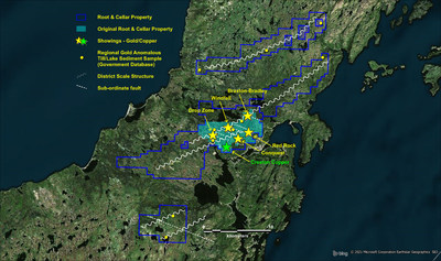 Compilation map showing outline of the Root & Cellar property in blue and location of the gold-silver showings along structures the Company believes are key in influencing epithermal mineralization in the central portion of the Burin Peninsula. (CNW Group/Northern Shield Resources Inc.)