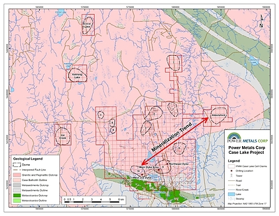 Figure 1 Geology map of Case Lake showing the location of granitic domes. (CNW Group/POWER METALS CORP)