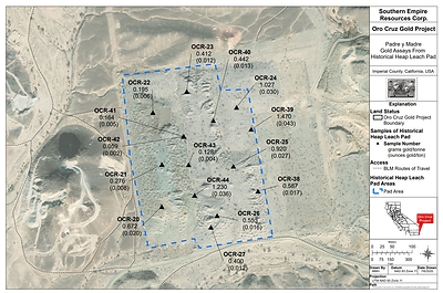 FIGURE 2: Padre y Madre Area - Gold Assays From Historical Heap Leach Pad (CNW Group/Southern Empire Resources Corp.)