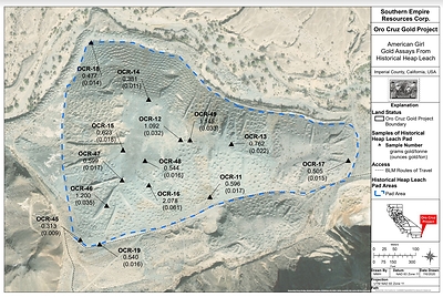 FIGURE 1: American Girl Area - Gold Assays From Historical Heap Leach Pads (CNW Group/Southern Empire Resources Corp.)