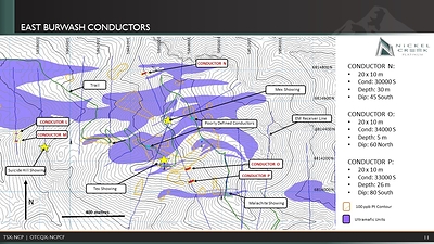 Figure 6: EM survey layout and conductor locations for the East Burwash Area (CNW Group/Nickel Creek Platinum Corp.)
