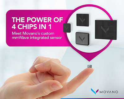 Movano's proprietary and patented System-on-a-Chip, the smallest ever custom RF-enabled IC designed for blood pressure or glucose monitoring.