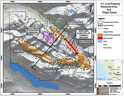 Figure 4 – Property Map with Exploration Zones and Projected Trend (CNW Group/Kore Mining)