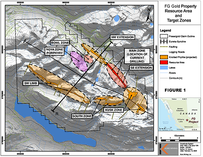Figure 1 – Property Map with Exploration Zones and Projected Trend (CNW Group/Kore Mining)