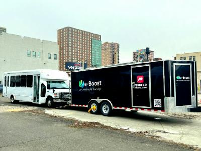 e-Boost Mobile charging an EV airport shuttle bus that transports passengers daily to and from transit facilities