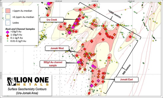 Figure 1: Surface geochemistry footprint Tuvatu Mining Lease area (refer release 5 March 2018 for sample details)