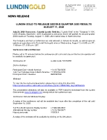 Lundin Gold to Release Second Quarter 2020 Results August 11, 2020 (CNW Group/Lundin Gold Inc.)