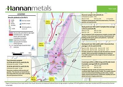 Figure 3. Summary of zinc-lead results from South Sacanche (stratabound reduced facies Cu-Ag samples in yellow). RTZ drill platforms have been located and GPS measured by Hannan in the field. (CNW Group/Hannan Metals Ltd.)
