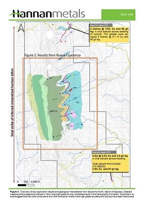 Figure 5: Overview of key exploration results and geographical interpretation from Sacanche North, district of Saposoa. (CNW Group/Hannan Metals Ltd.)