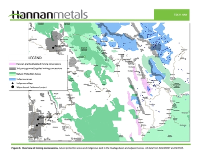 Figure 6: Overview of mining concessions, nature protection areas and indigenous land in the Huallaga basin and adjacent areas. (CNW Group/Hannan Metals Ltd.)