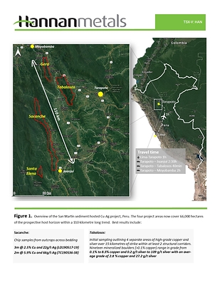 Figure 1. Overview of the San Martin sediment-hosted Cu-Ag project, Peru. The four project areas now cover 66,000 hectares of the prospective host horizon within a 110 kilometre long trend. (CNW Group/Hannan Metals Ltd.)