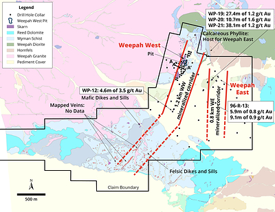 Figure 2. Plan Map of the Weepah property showing geology, mineralized corridors and property boundary.  A-A’ is the trace of the cross section shown in Figure 3 with notable intercepts from that section reported in Table 1. The collar locations for Weepah East, Weepah East extension and Weepah West Extension drillholes reported in Table 3 are shown. (CNW Group/Navy Resources Corp.)