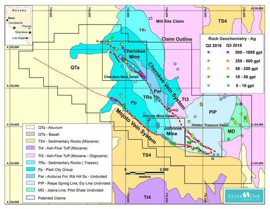 Figure 2: Cherokee-Mojoto-Johnny- Hidden Treasure Vein Systems Silver Geochemistry