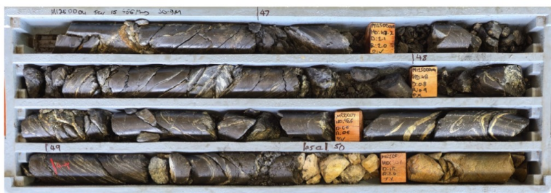 Figure 5: High
grade graphitic metasediment zone returning 3.7m @ 22.19% TGC
(MI25DD04,