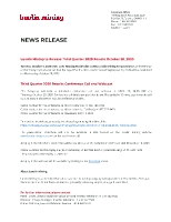 Lundin Mining to Release Third Quarter 2020 Results October 28, 2020 (CNW Group/Lundin Mining Corporation)