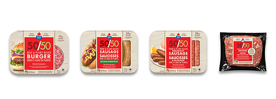 The Maple Leaf 50/50™ product range includes (L-R): Maple Leaf 50/50™ Burger, Maple Leaf 50/50™ Dinner Sausages, Maple Leaf 50/50™ Breakfast Sausages and Maple Leaf 50/50™ Grounds. (CNW Group/Maple Leaf Foods Inc.)