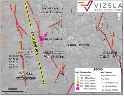 Vizsla Resources - Napoleon - Plan map showing location of drillholes, mapped veins and surface and underground sampling at Napoleon.  The over 2,000 metre long corridor has never previously been drilled. (CNW Group/Vizsla Resources Corp.)