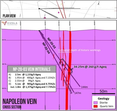 Vizsla Resources - Napoleon - Cross section through holes NP-20-03 and NP-20-04 with intersections labelled. (CNW Group/Vizsla Resources Corp.)
