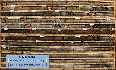 Figure 6 – Drill Hole LE20-53 Core Photo of Mineralization (CNW Group/IsoEnergy Ltd.)