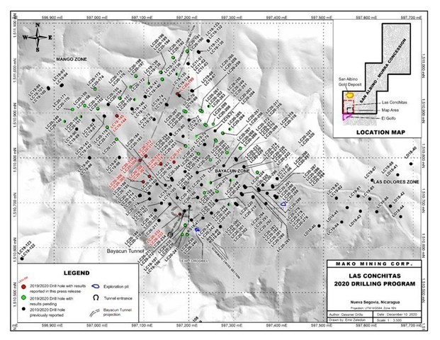 DRILL-HOLE-PLAN---LAS-CONCHITAS-DRILLING-PROGRAM---3-5K---DEC-10-2020-v2 (CNW Group/Mako Mining Corp.)