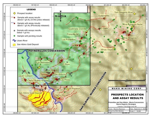 PROSPECT LOCATIONS AND ASSAY RESULTS POTRERILLOS AND SAN ALBINO MURRA 30K (CNW Group/Mako Mining Corp.)