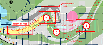 Figure 2: Goliath Gold Project Exploration Areas of Interest (CNW Group/Treasury Metals Inc.)
