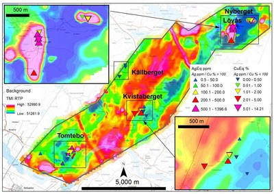 Figure 1: Rock Assay Results with Magnetics on the Tomtebo Property (CNW Group/District Metals Corp.)
