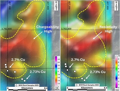 Figure 1 – Chargeability High and Resistivity High 100-150m Depth Slice With High-Grade Copper Rock Chip Sample Locations. (CNW Group/Black Mammoth Metals Corp)