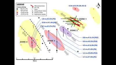 Exhibit 9. Plan Map of Zones 1, 2, 3 and 4 at Carrickittle Prospect, PG West Project, Ireland (CNW Group/Group Eleven Resources Corp.)