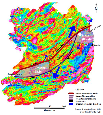 Exhibit 1. Regional gravity data over Ireland showing Limerick Basin and Navan Zinc-Lead Mine (CNW Group/Group Eleven Resources Corp.)