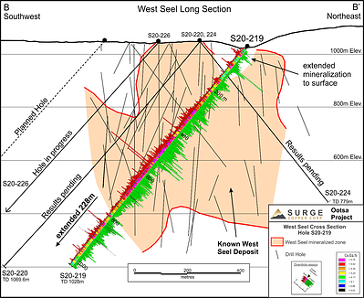 Figure 2: West Seel Long Section Showing Hole S20-219 (CNW Group/Surge Copper Corp.)