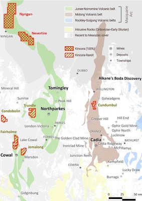 Figure 1: Kincora and RareX’s district scale license portfolio covers a total of 1732km2 in the Lachlan Fold Belt, central New South Wales, Australia. Distribution of Ordovician volcanic belts, showing major porphyry copper-gold mining centres and the extent of younger cover sequences based on 1:250,000 scale mapping. The Lachlan Fold Belt hosts Newcrest’s Cadia-Ridgeway camp (located in the Molong belt) and China Molybdenum Group’s Northparkes mine (Junee-Narromine volcanic belt). (CNW Group/Kincora Copper Limited)
