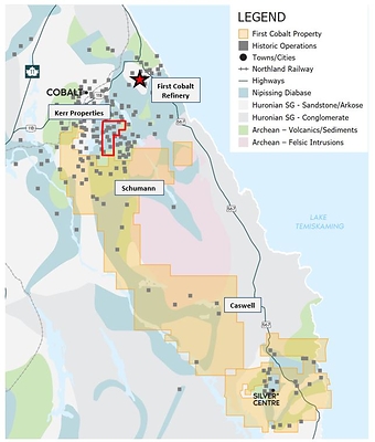 Figure 2. Bedrock geology of the Canadian Cobalt Camp properties highlighting First Cobalt’s land package and select past-producing mines. (CNW Group/First Cobalt Corp.)