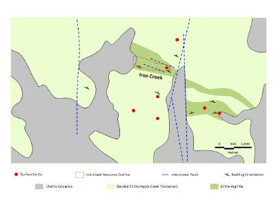 Figure 1. Bedrock geology and surface expression of cobalt-copper mineralization at the Iron Creek deposit and other known exposures of mineralization, including Ruby. The black box outlines the approximate extent of the 2020 geophysical survey. (CNW Group/First Cobalt Corp.)