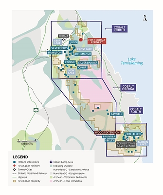 Figure 1. First Cobalt property in proximity to the town of Cobalt (north) and the former town of Silver Centre (south), as well as rail, regional highway, and the First Cobalt Refinery. Place names refer to areas recently explored and targeted by drilling. (CNW Group/First Cobalt Corp.)