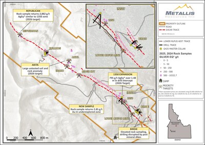 Greyhound Property Map with Prospective Targets and 2025 drilling (CNW Group/Metallis Resources Inc.)
