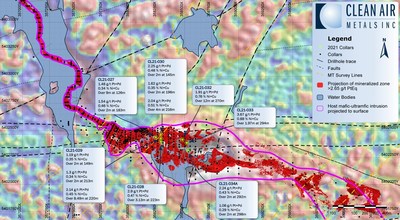 Figure 2: 2021 Drill Hole Intercepts in the Current Lake Deposit Area (CNW Group/Clean Air Metals Inc.)