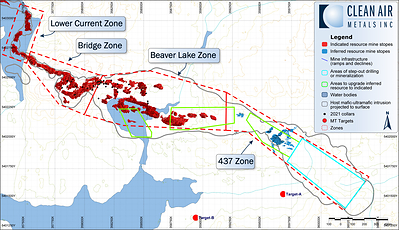 Figure 9: Current Deposit Indicated and Inferred Mineable Inventory (CNW Group/Clean Air Metals Inc.)