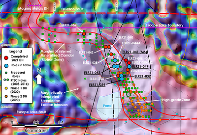 Figure 1: 2021 Drill Hole Intercepts in the Escape Lake Deposit Area (CNW Group/Clean Air Metals Inc.)