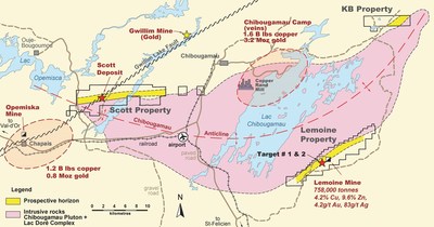 Figure 1. Location map of Yorbeau’s projects in the Chibougamau camp, Quebec, including Lemoine property. (CNW Group/Yorbeau Resources Inc.)