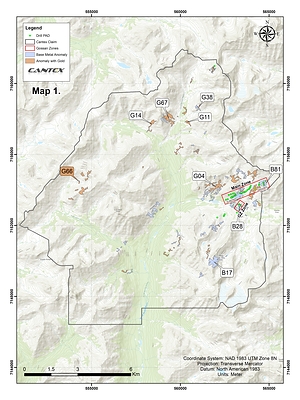 Map 1. Showings within the North Rackla Claim Block (CNW Group/Cantex Mine Development Corp.)