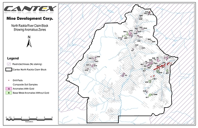 Map 1: North Rackla River Claim Block Showing Anomalous Zones (CNW Group/Cantex Mine Development Corp.)