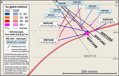 Figure 4: Cross section 1 (looking NE) with results from drill site 9 and EG Vein zone interpretation (CNW Group/OceanaGold Corporation)