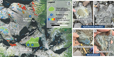 Figure 4: (A) Map of a selected area of interest within Ranch East claim block. (B-E) Samples that were observed within the inner propylitic zone at Ranch East. (CNW Group/Thesis Gold & Silver)