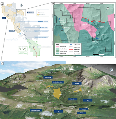 Figure 1: (A) Overview map of Ranch-Lawyers project. (B) Geology map of Ranch East; dashed box shows approximate location of map in Figure 4. (C) Surface map of Ranch; white dashed line shows cross-section location for Figure 3. (CNW Group/Thesis Gold & Silver)